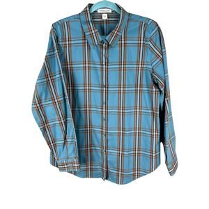 Coldwater Creek teal brown plaid button shirt women’s size 14 long sleeve work
